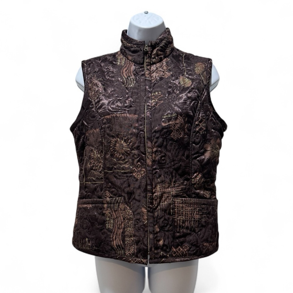 Chico’s Jacquard Quilted Vest Brown Metallic Pattern Zip Front Size 0 XS